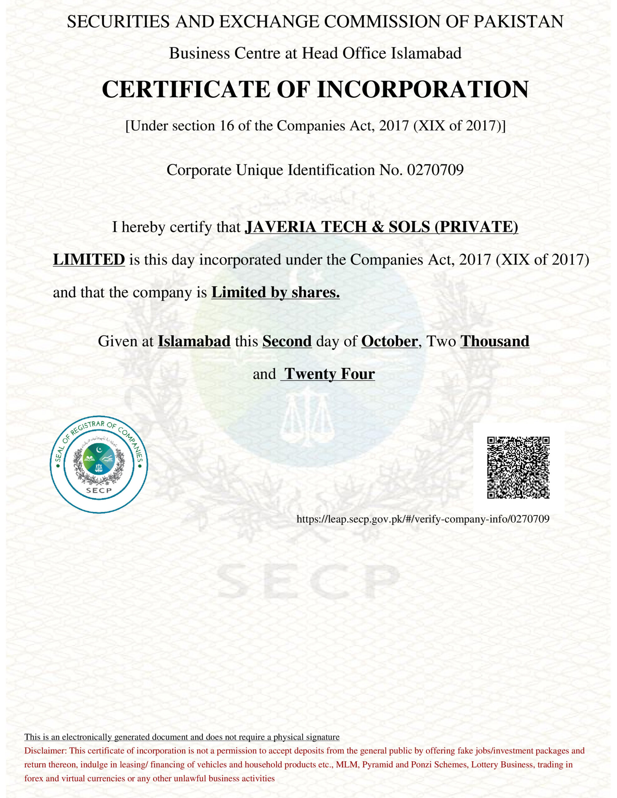 Incorporation Letter