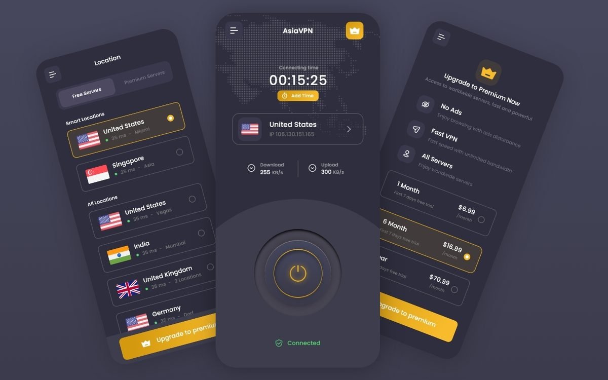 AsiaVPN mobile app — designed and developed by Javeria Tech & Sols